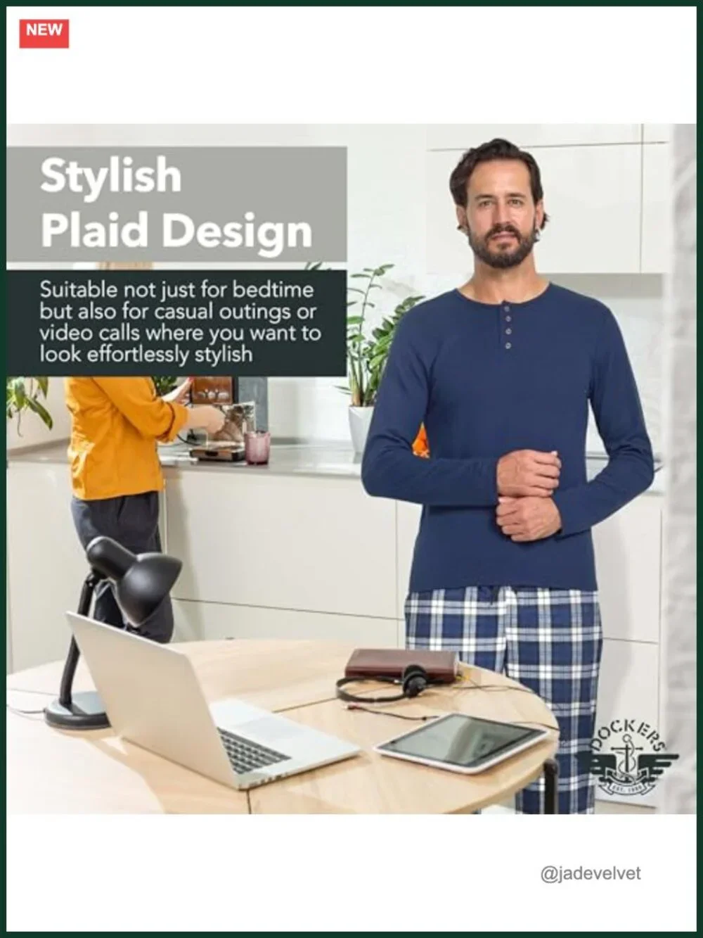 Men's Long Sleeve Henley & Plaid Pajama Set, Cotton Blend Lounge Sleepwear
